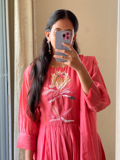A0421 peach mul chanderi 3 piece dress with hand embroidery, beads and chips work