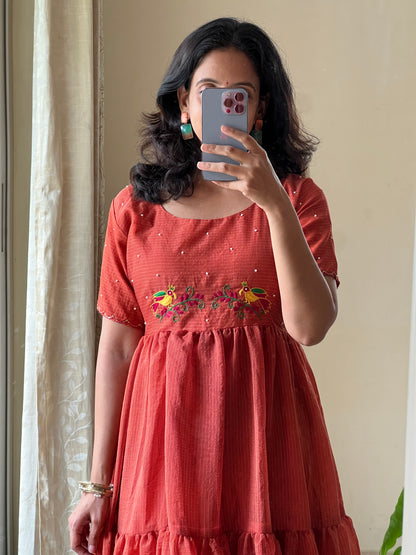 A0463 rust kota frock with birds hand embroidery detailing