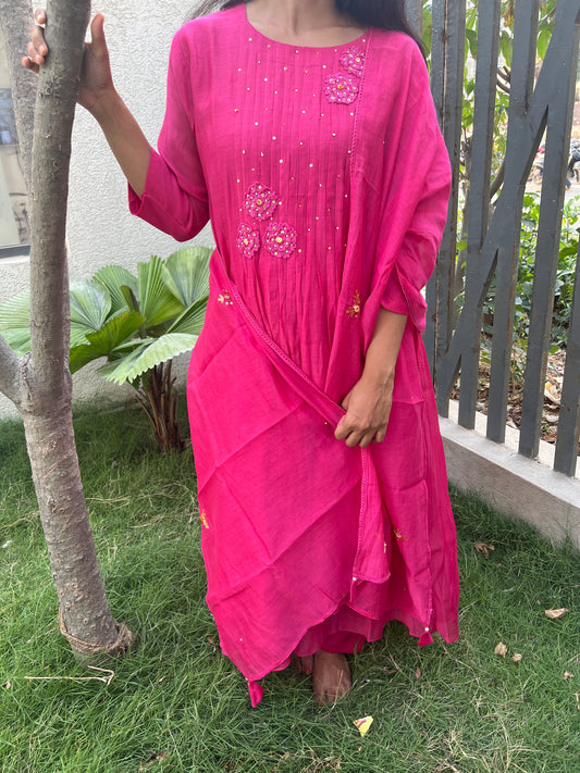 A0327 Mul chanderi 3 piece in pink shade with applique and pearl detailing
