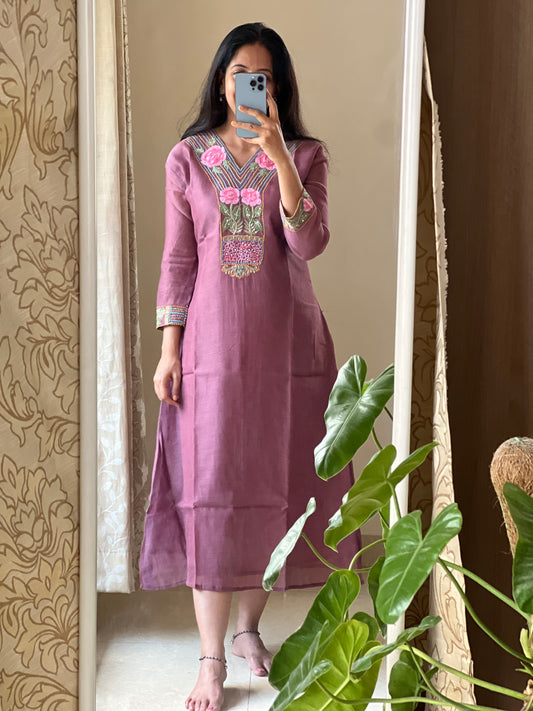 A0149 grape wine mul chanderi one piece dress with rose embroidery detailing