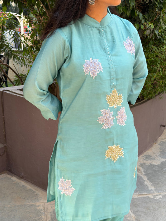 A0691 sea blue mul chanderi coord set with applique work detailing all over the dress