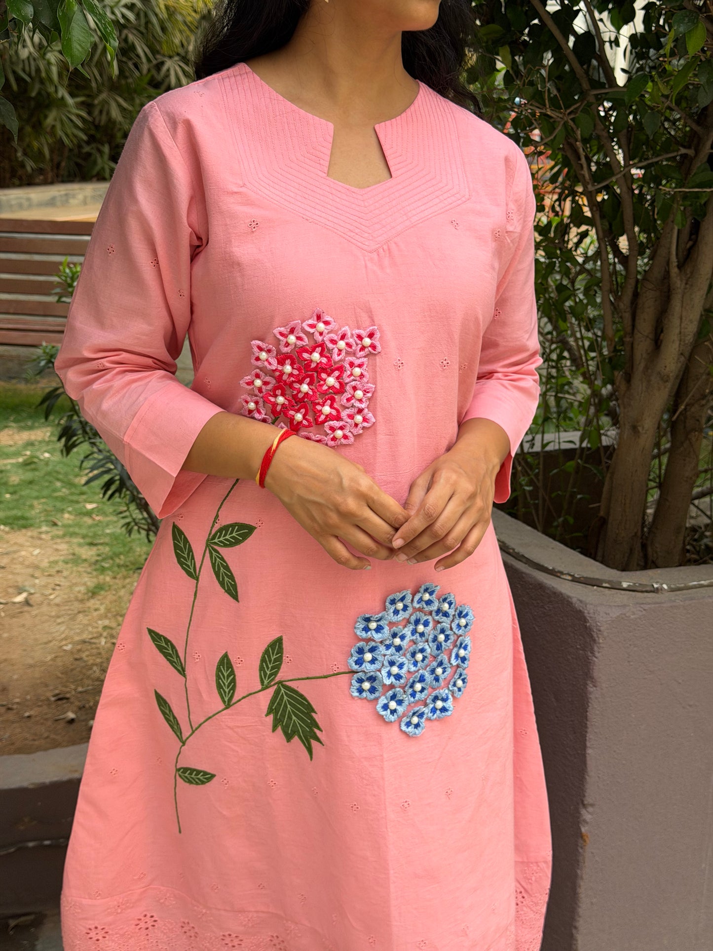 A0652 Pink shade Mulmul cotton 2pc with applique work leaves, 3d flowers and hakoba detailing