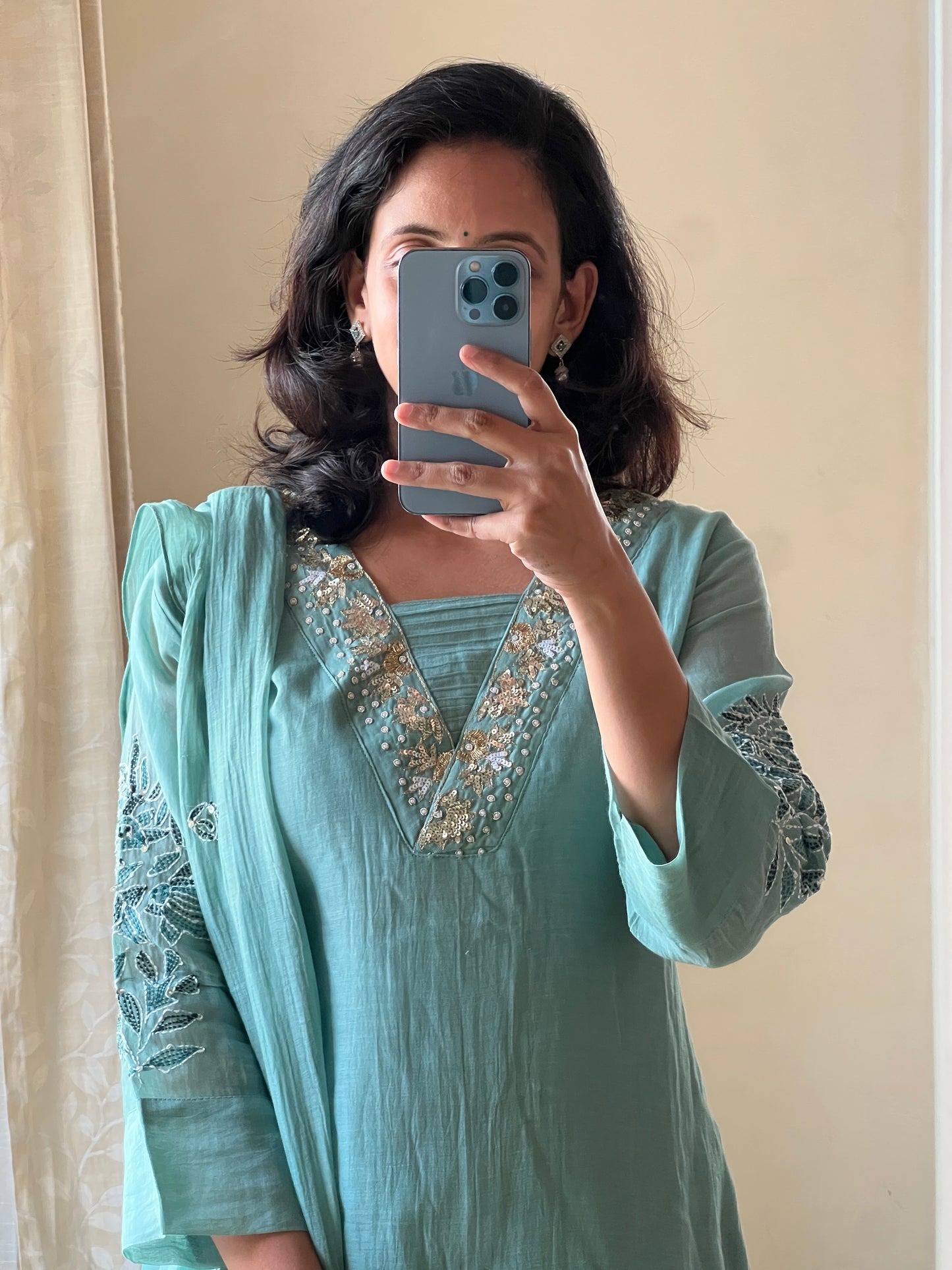 A0449 green Mul chanderi 3 piece dress with Kantha & chikankari work detailing all over the dress