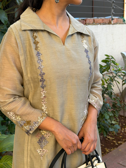 A0596 ash grey mul chanderi 2 piece dress with Kutch hand embroidery detailing