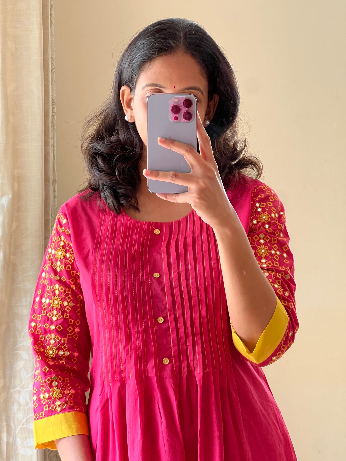 A0475 pink cotton 2 piece dress with yellow embroidery on hands