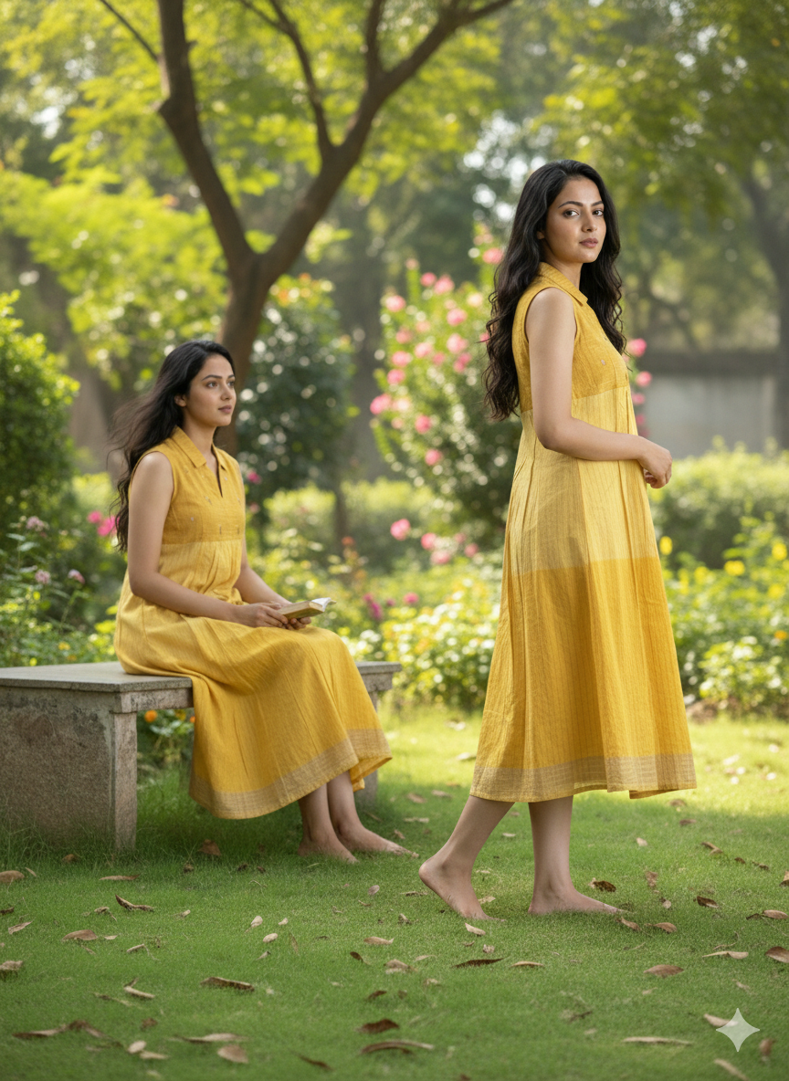 Mul cotton checks frock in beautiful yellow shade