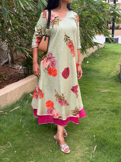 A0781 Pure Kota cotton digital printed dress in green and pink