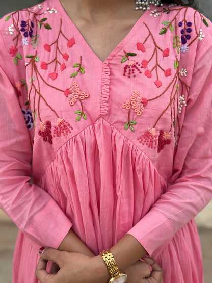 A0226 pink Mulmul shaded two piece set with hand embroidery detailing