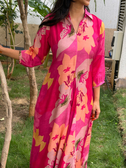 A0808 Fuchsia Pink Cotton Silk dress