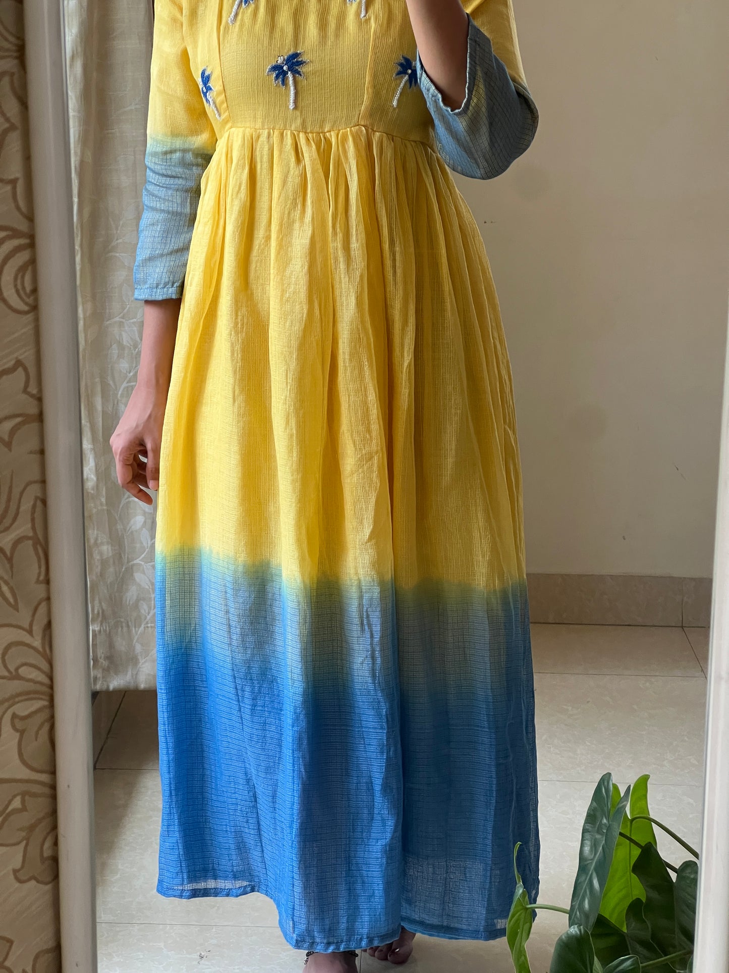 A0453 Kota yellow & blue frock in dual shade,with jardozi and Moti work detailing
