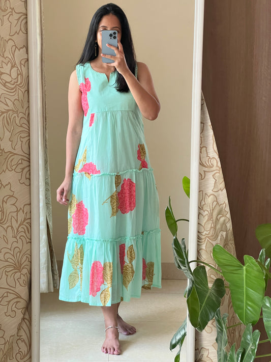 A0568 sea green cotton floral printed one piece dress comes with cotton lining inside
