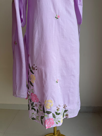 A0853 lavender mul cotton applique work 3 piece dress