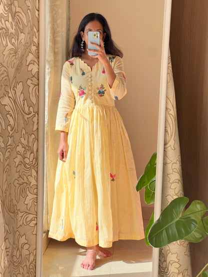A0463 yellow Kota one piece dress with hand embroidery detailing all over the dress