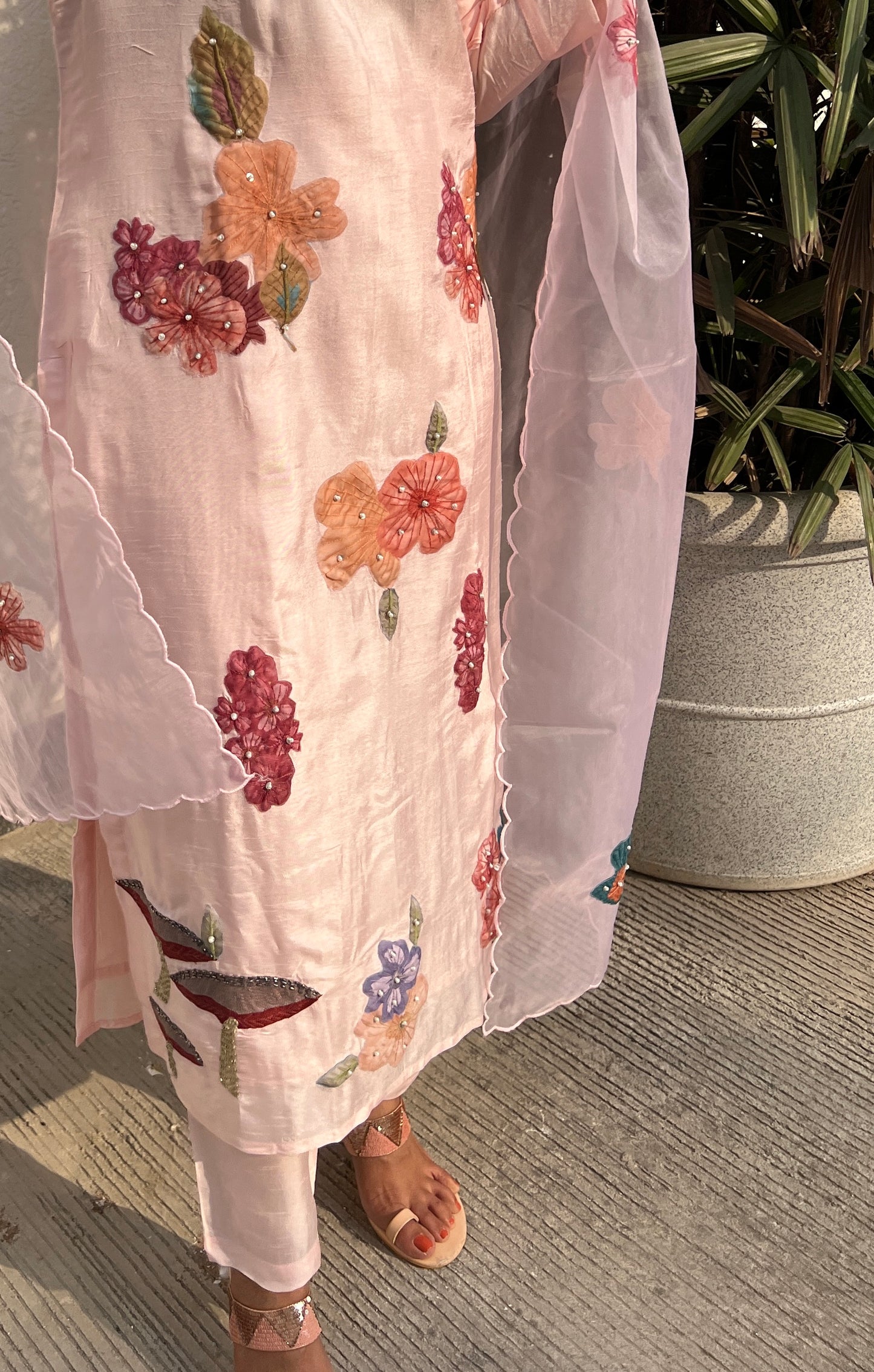 A0340 nude pink Dola silk 3 piece dress with applique work detailing