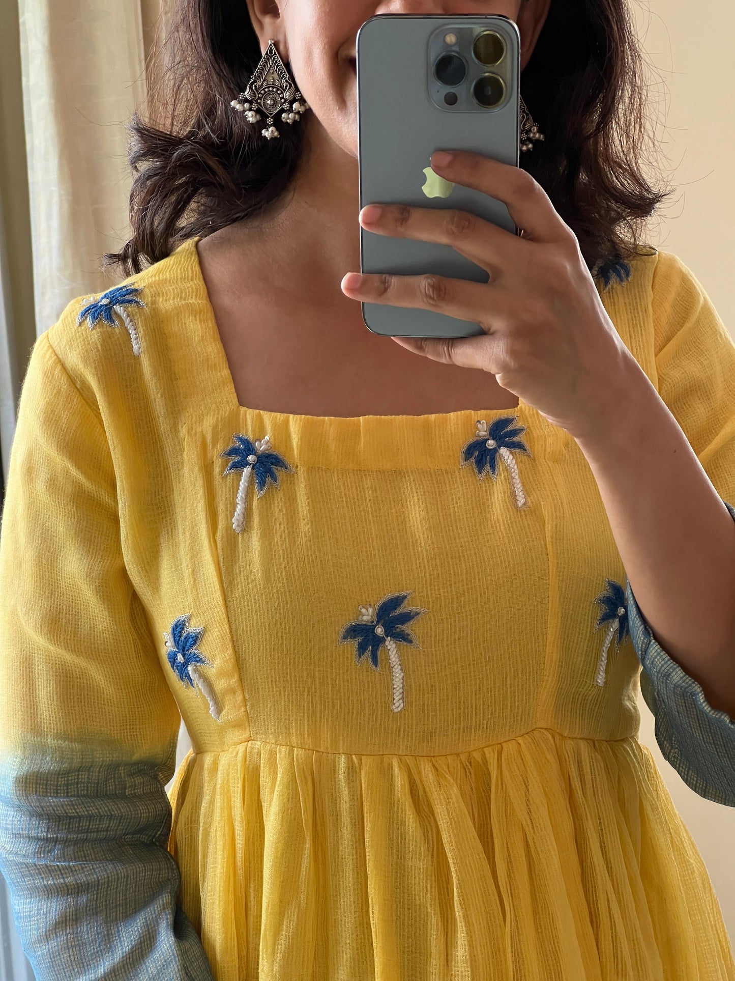 A0453 Kota yellow & blue frock in dual shade,with jardozi and Moti work detailing