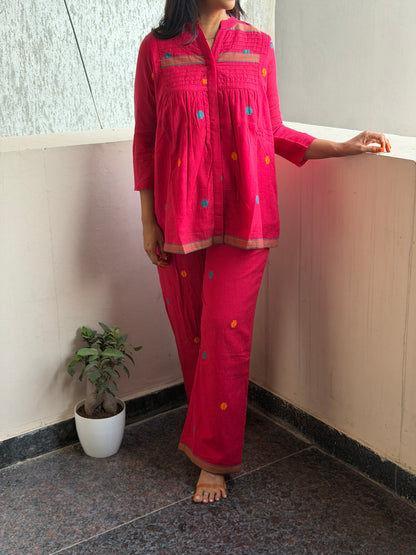 Hot pink Jamdani cord set with pure cotton linings