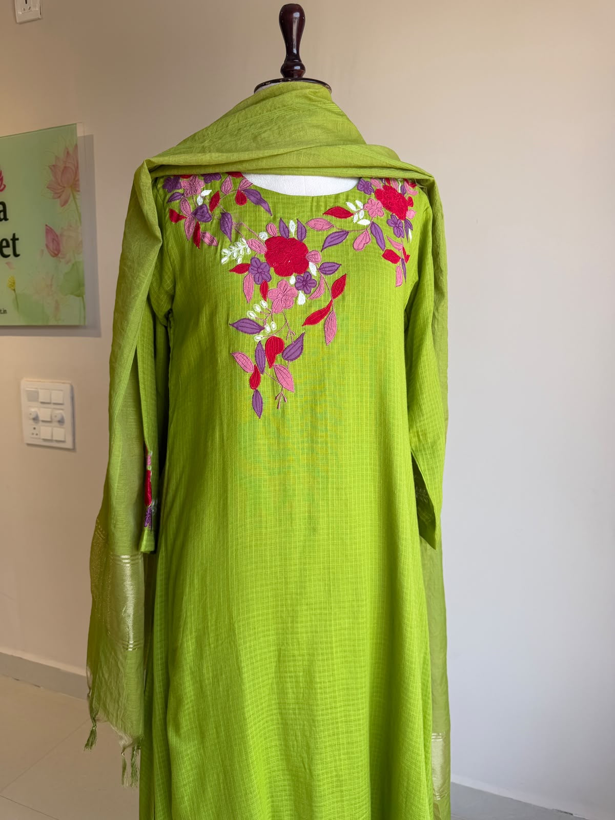 A0857 green Kota applique work 3 piece dress