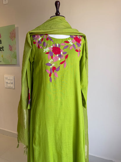 A0857 green Kota applique work 3 piece dress
