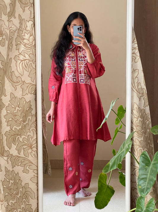 A0369 rust dola silk coord set with machine embroidery detailing