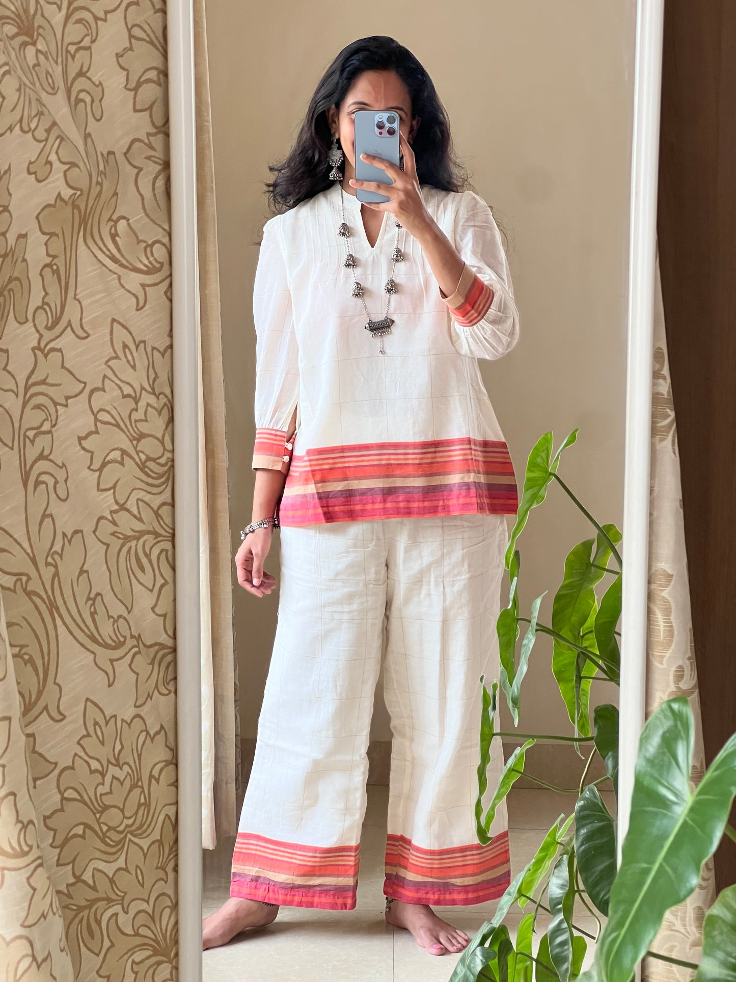 A0165 cream Bengal cotton jamdani coord set