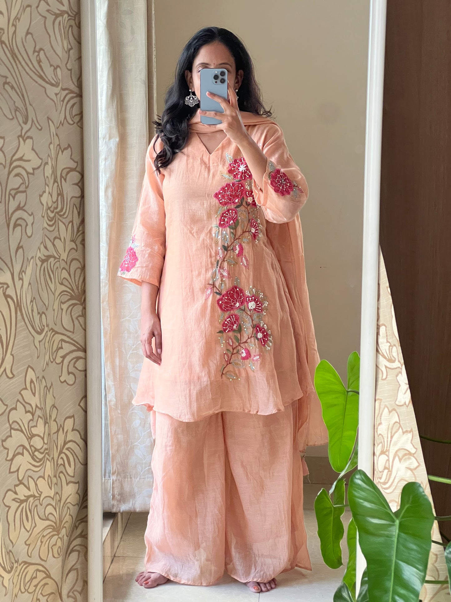 A0590 Mulchanderi 3pc set with complete hand embroidery detailing, comes with palazzo pants and duppata