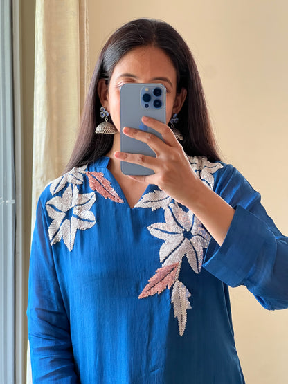 A0437 blue chinnon two piece dress with chips hand embroidery detailing