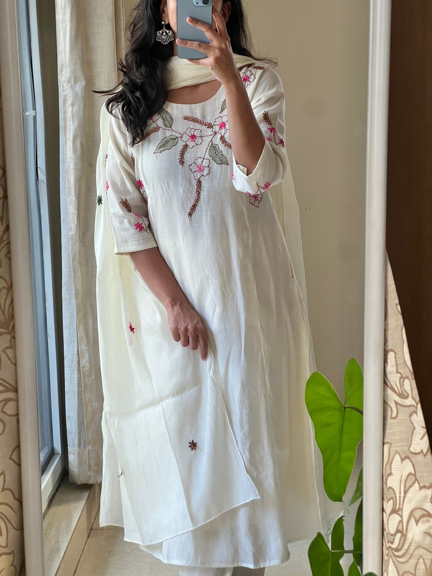 A0597 white mul chanderi 3 piece dress with hand embroidery detailing on yoke & butties on all over dupatta