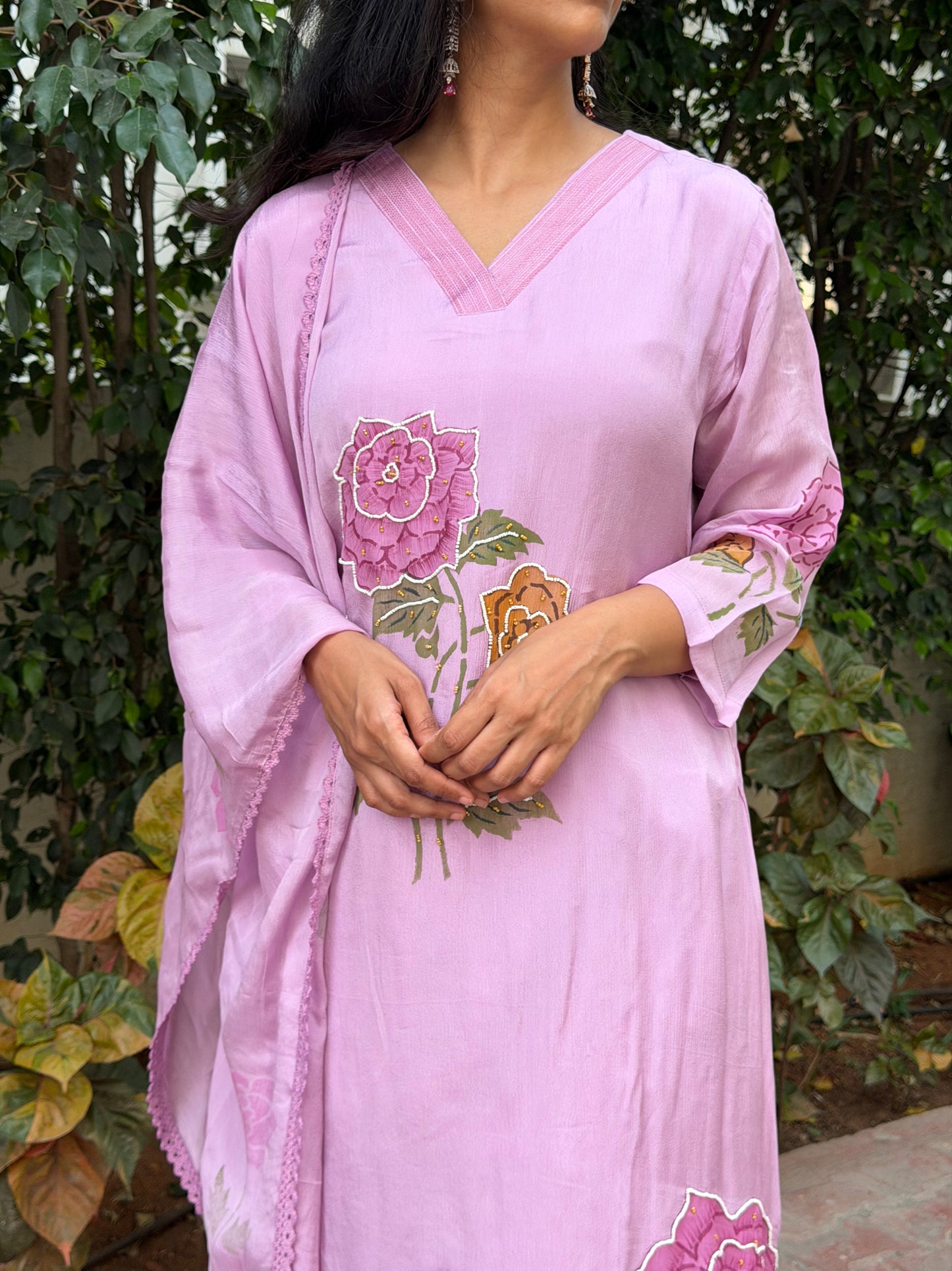 A0697 lilac chinnon 3 piece set with hand painting & Moti embroidery detailing