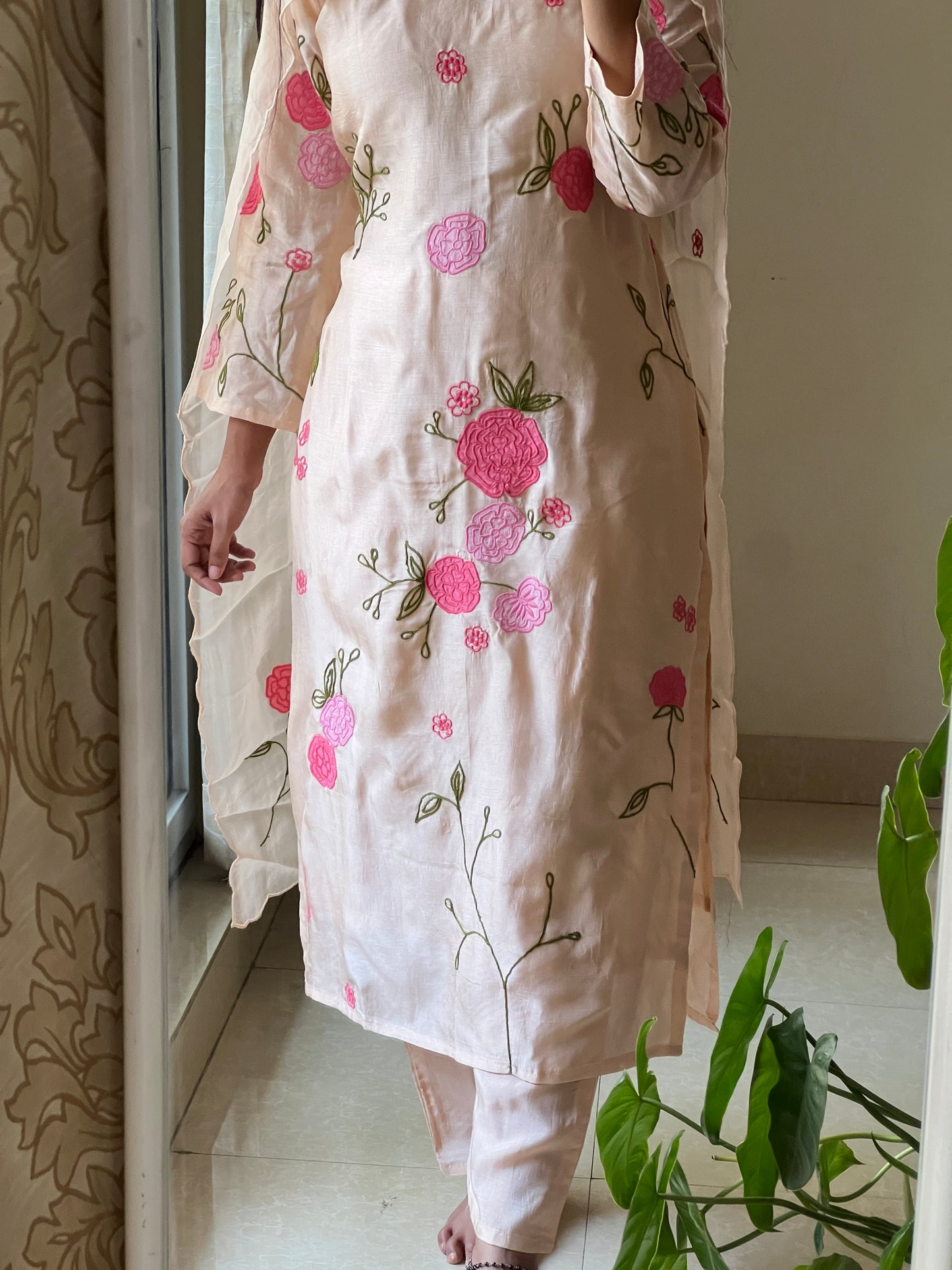 A0439 light peach dola silk 3 piece dress with applique work detailing comes with organza dupatta