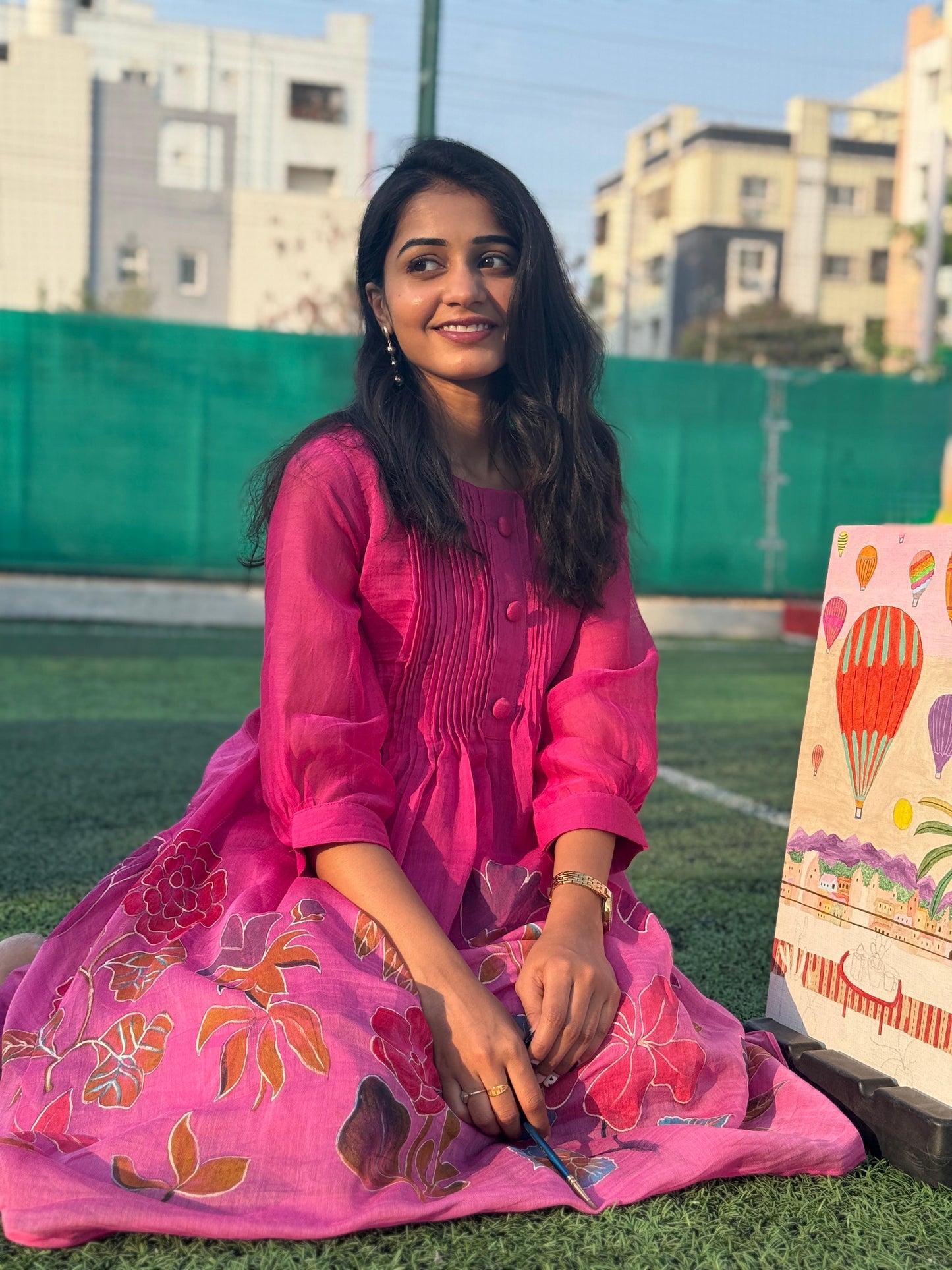 Pink shaded hand painted Mal-chanderi Co-ord set