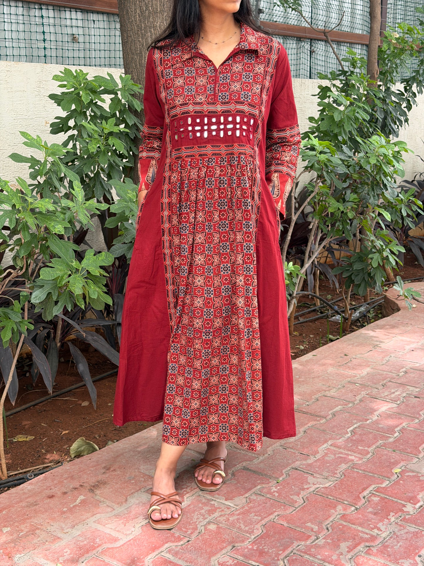 A0801 Red Ajrak pure cotton A-line dress