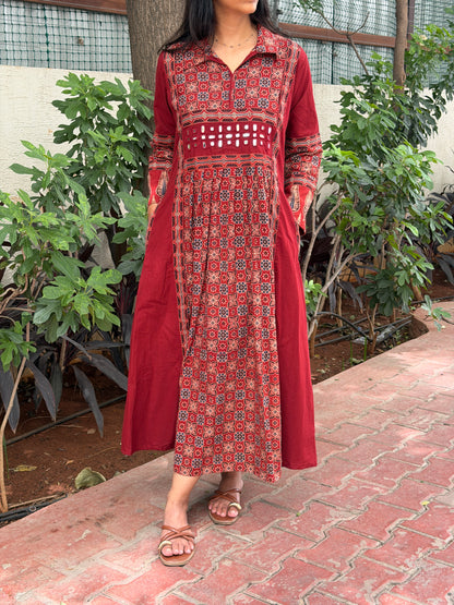 A0801 Red Ajrak pure cotton A-line dress