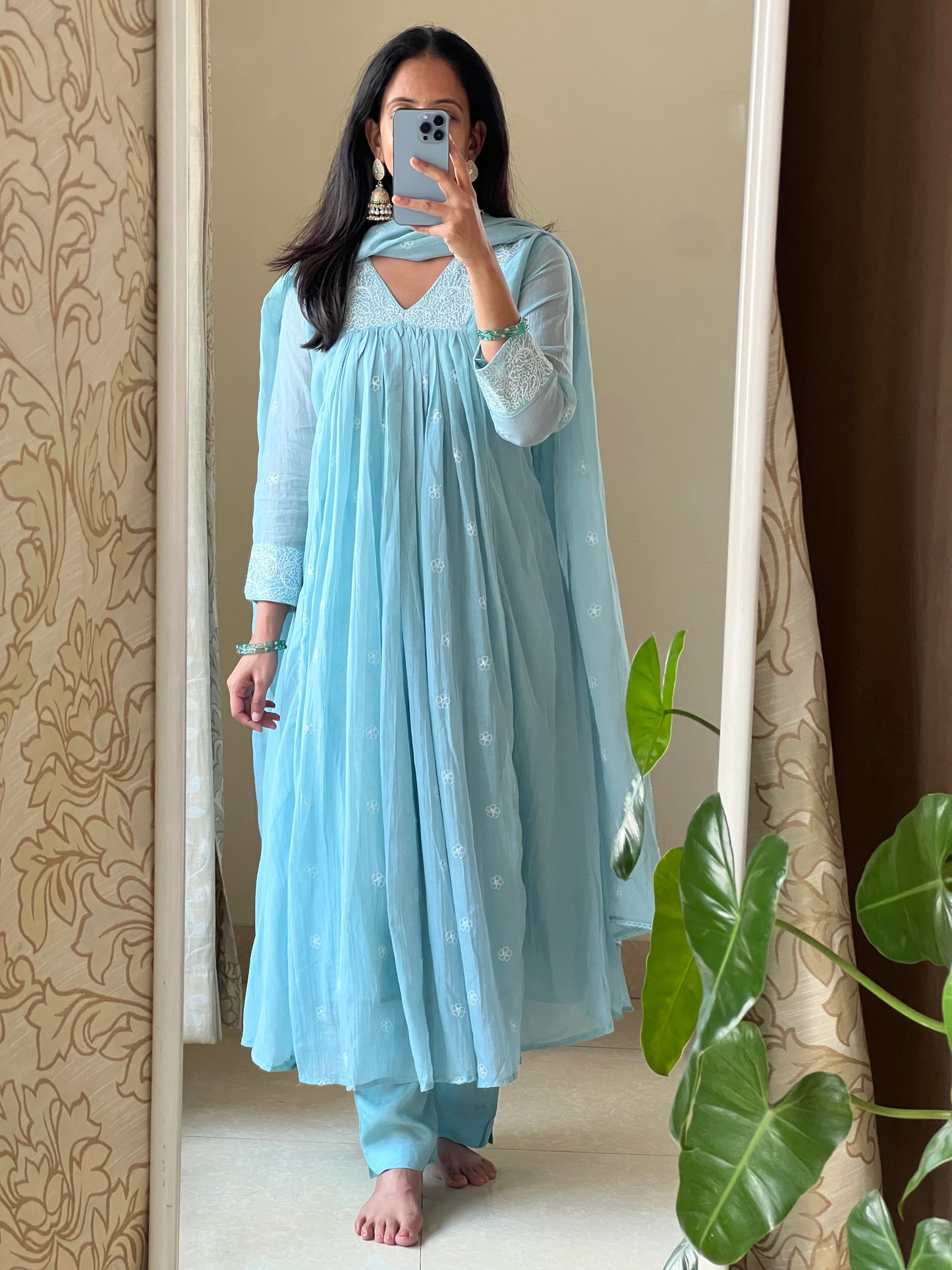 A0579 sea blue mul chanderi 3 piece dress with thread work embroidery over the neck & butties all over the dress & duppatta