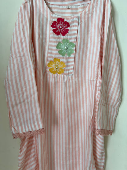 A0206 peach stripes handloom cotton 2 piece dress with machine embroidery on yoke