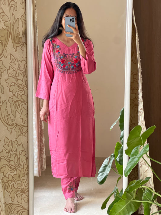 A0150 handloom fabric 2 piece dress with hand embroidery detailing