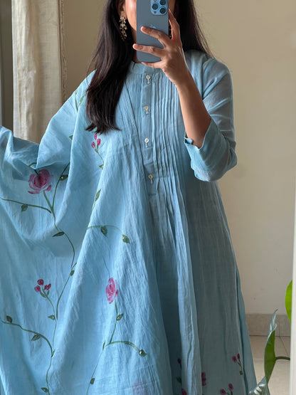 A0583 blue mul chanderi 3 piece dress with rose hand painted & hand embroidery all over the dupatta & dress
