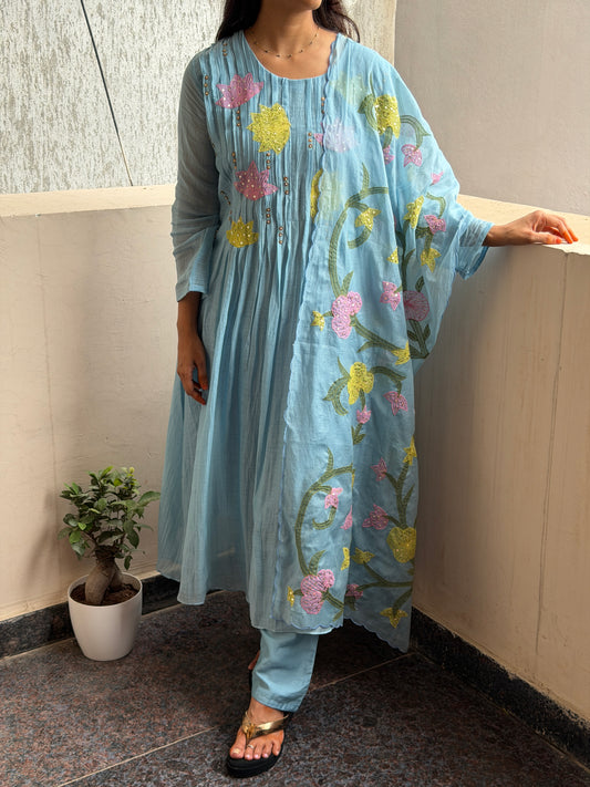 A0815 blue premium mul chanderi 3 piece suit with applique work