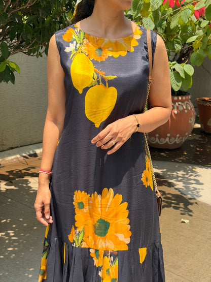 A0732 Black and yellow Mango print soft cotton silk dress
