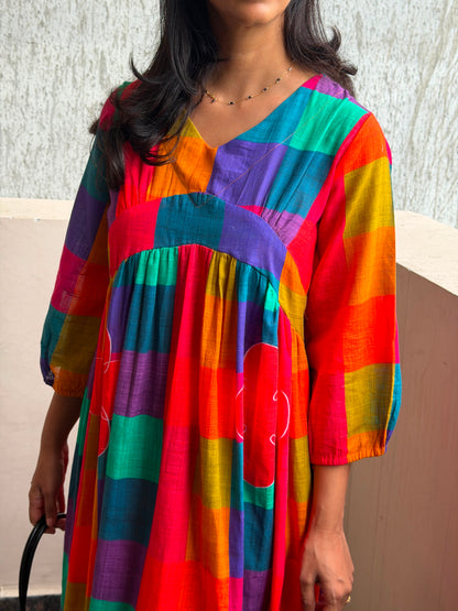 A0773 slub cotton madras checks one piece dress