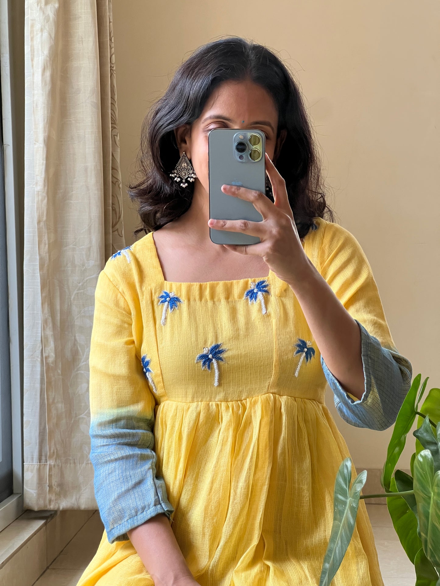 A0453 Kota yellow & blue frock in dual shade,with jardozi and Moti work detailing