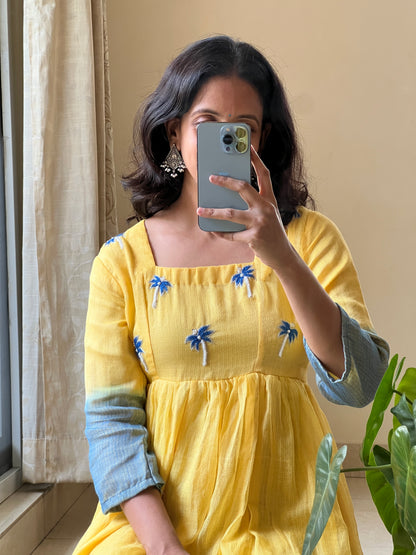 A0453 Kota yellow & blue frock in dual shade,with jardozi and Moti work detailing
