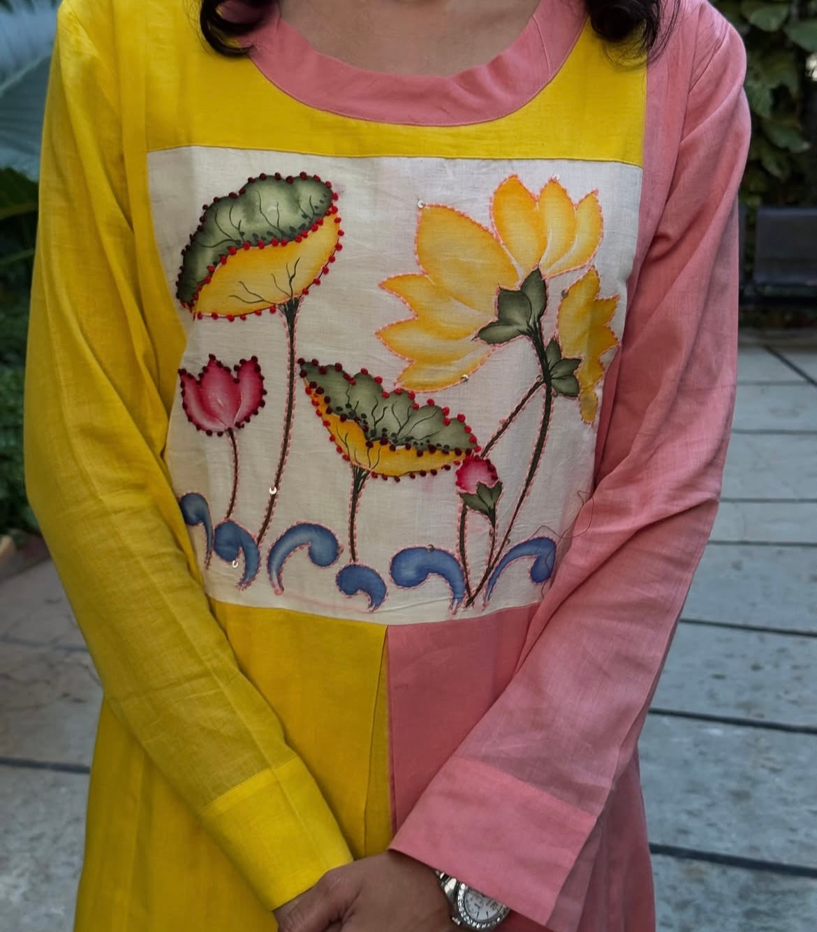 A0203 yellow & peach Mulmul two shades attached one piece dress with hand paint and hand embroidery patch work