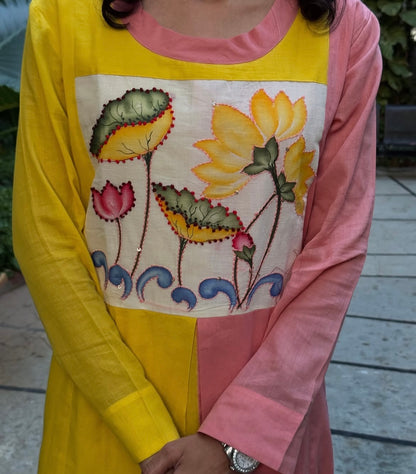 A0203 yellow & peach Mulmul two shades attached one piece dress with hand paint and hand embroidery patch work