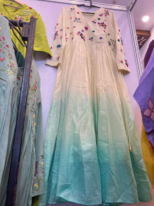 A0401 half white & blue Mulmul shaded angrakha one piece dress
