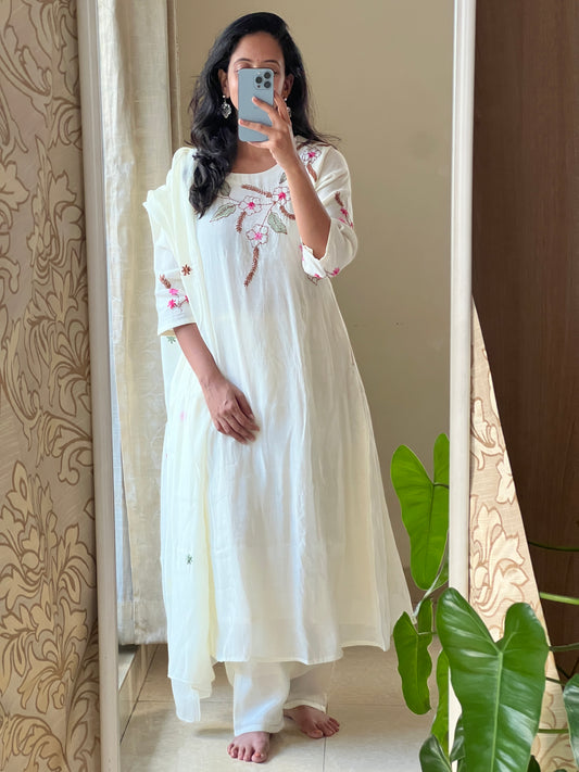 A0597 white mul chanderi 3 piece dress with hand embroidery detailing on yoke & butties on all over dupatta
