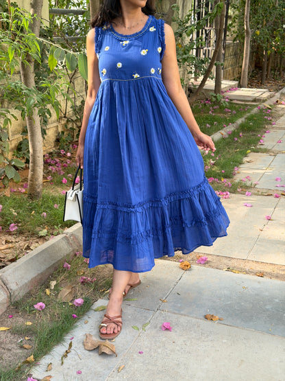 A0765 blue cotton one piece dress with hand embroidery detailing on yoke part