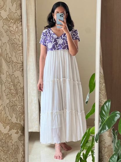 A0530 white & purple chinnon one piece dress embroidery detailing all over the yoke part