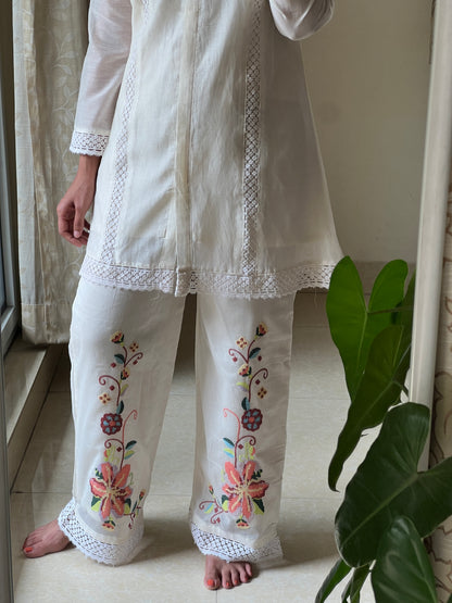 A0516 white mul chanderi coord set with cross stich embroidery on shoulder part & pants