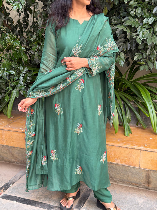 A0640 Green A-line kanta work 3pc dress in mul Chanderi fabric