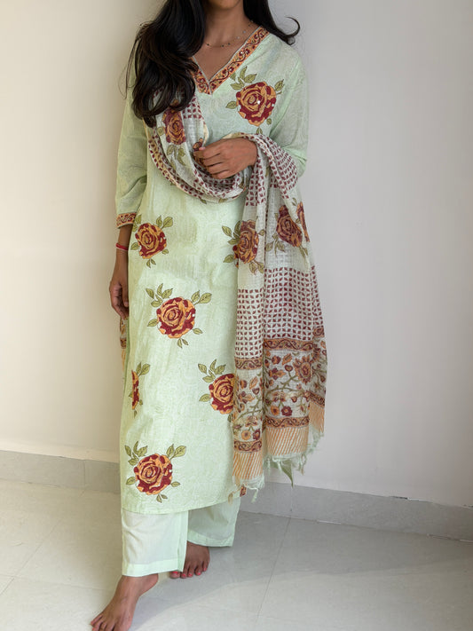 A0723 pista green cotton roses printed 3 piece dress with Kota Doria duppatta